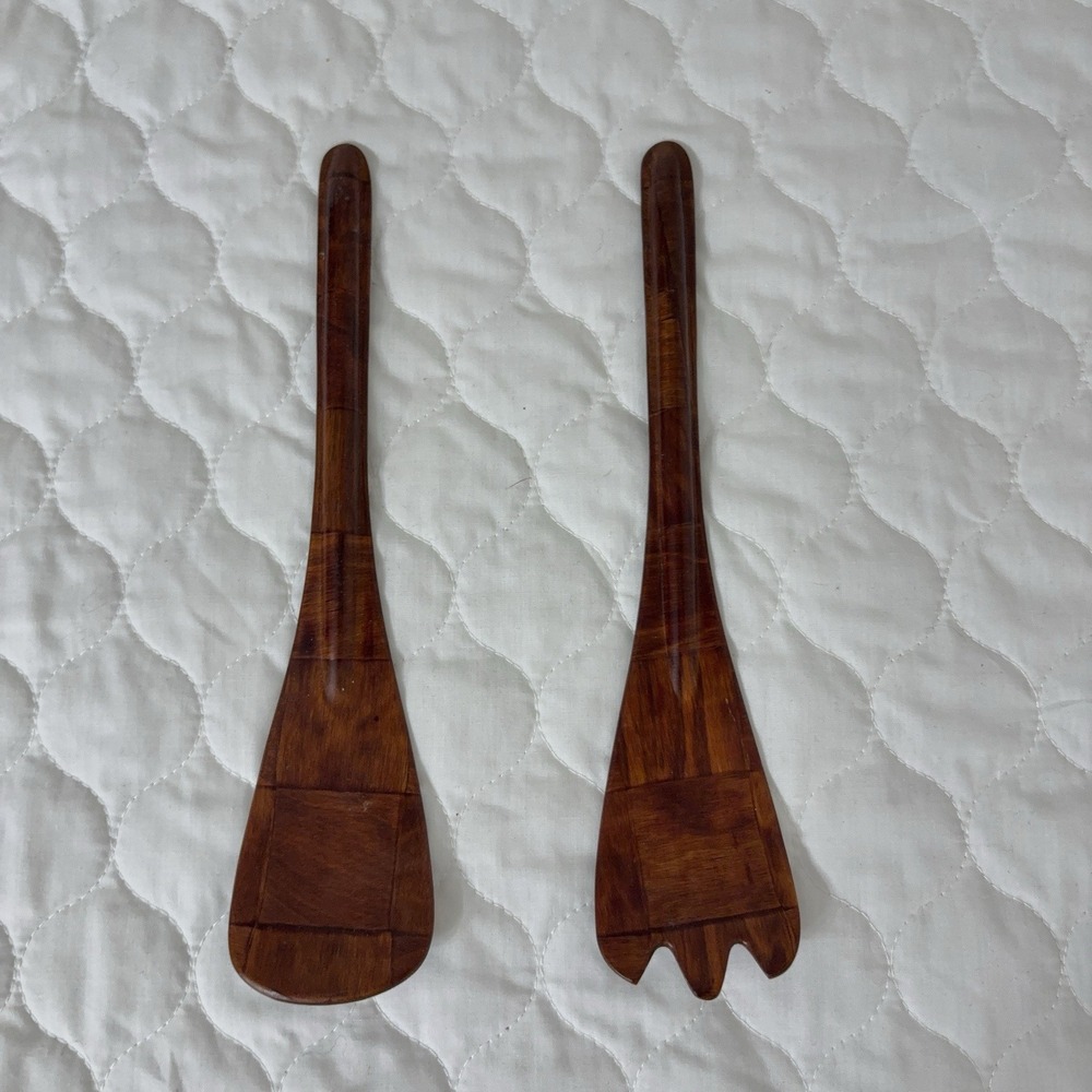 Wooden Salad Server Set MCM Danish Modern Teak Look Retro Boho Utensils